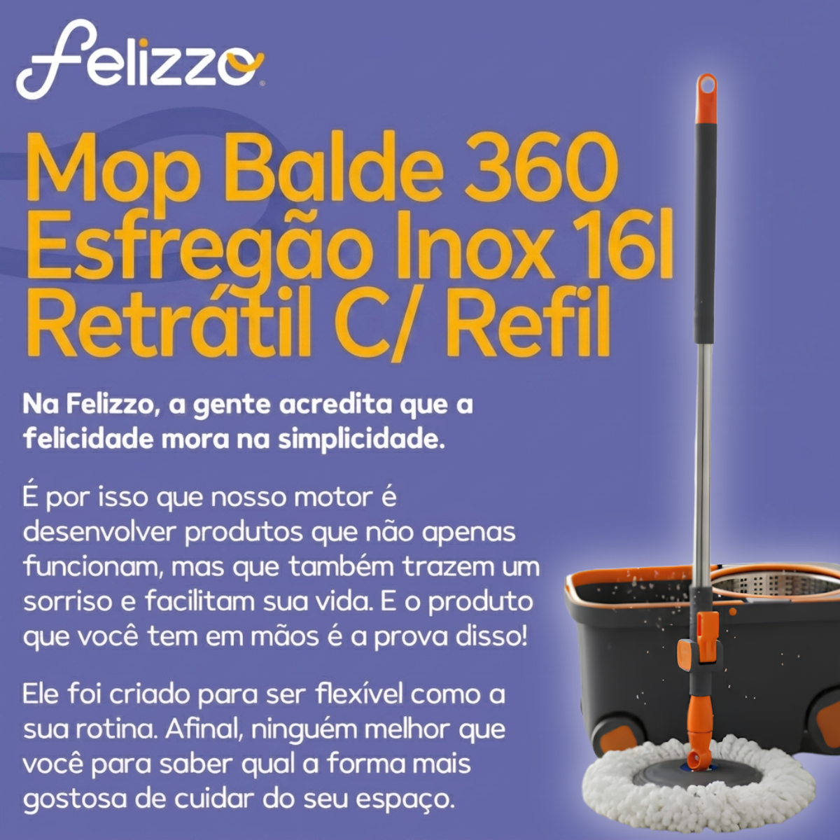 Mop Esfregão Giratório 360° Inox 16L Profissional | Cabo Retrátil + Refil Extra