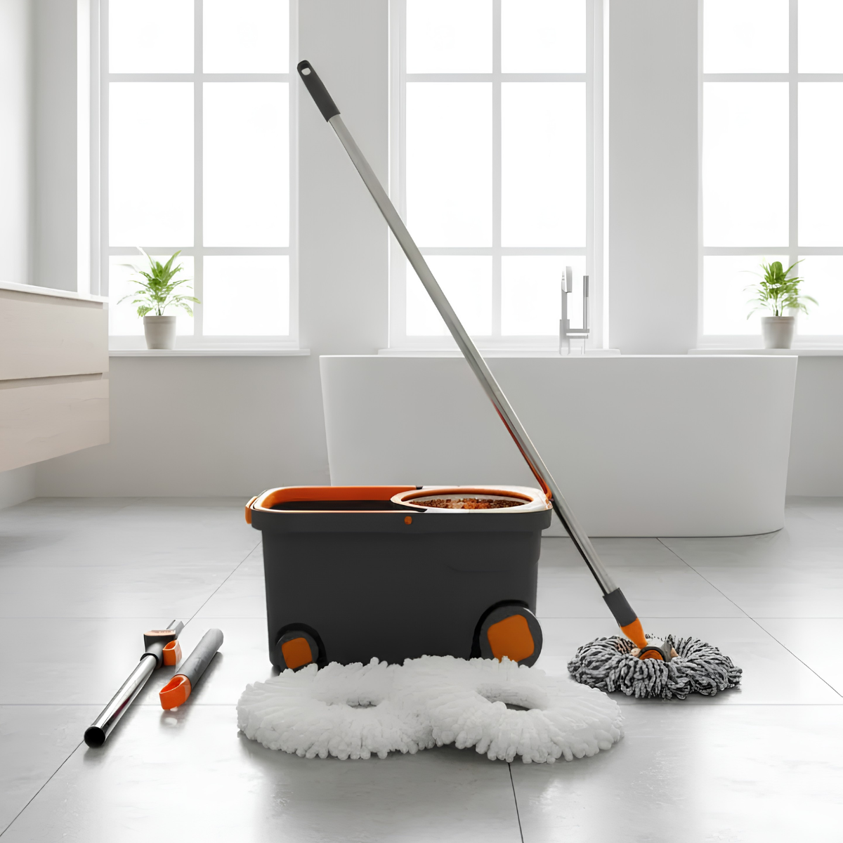 Mop Esfregão Giratório 360° Inox 16L Profissional | Cabo Retrátil + Refil Extra