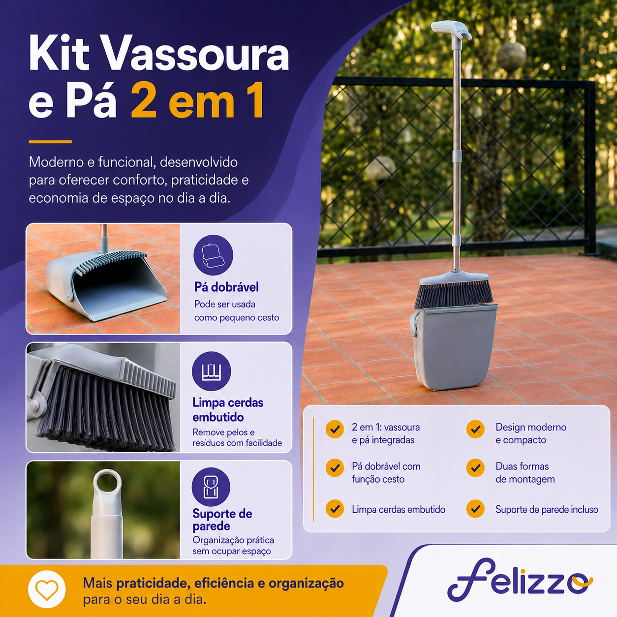Kit Vassoura e Pá Ajustável 2 em 1 | Limpa Cerdas, Suporte de Parede e Cesto de Lixo